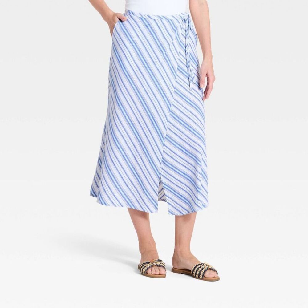 Women's Linen Midi Wrap Skirt - A New Day Blue M